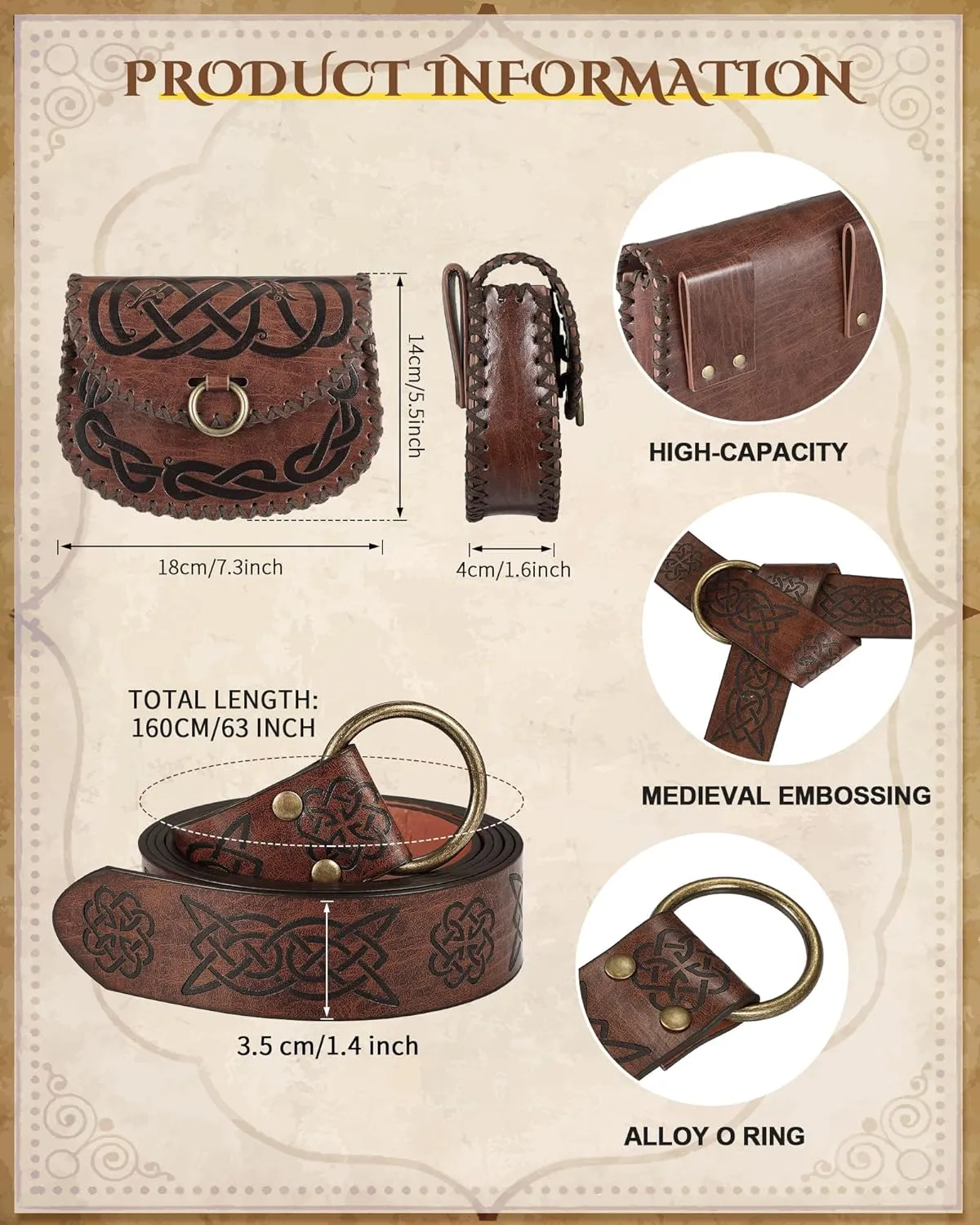 2 Pcs Medieval Viking Belt Leather PU Viking Belt Pouch for Retro Medieval Bag Side Pack Renaissance Accessories