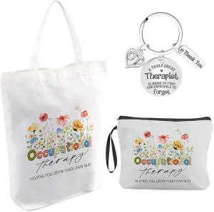 3 Pcs OT Gifts Occupational Therapy Gifts Flower Canvas Tote Bag Makeup Bag Cosmetic Bag Therapist Keychain for Occupational Therapists OT Appreciation Gifts Speech Therapist Gift for Woman