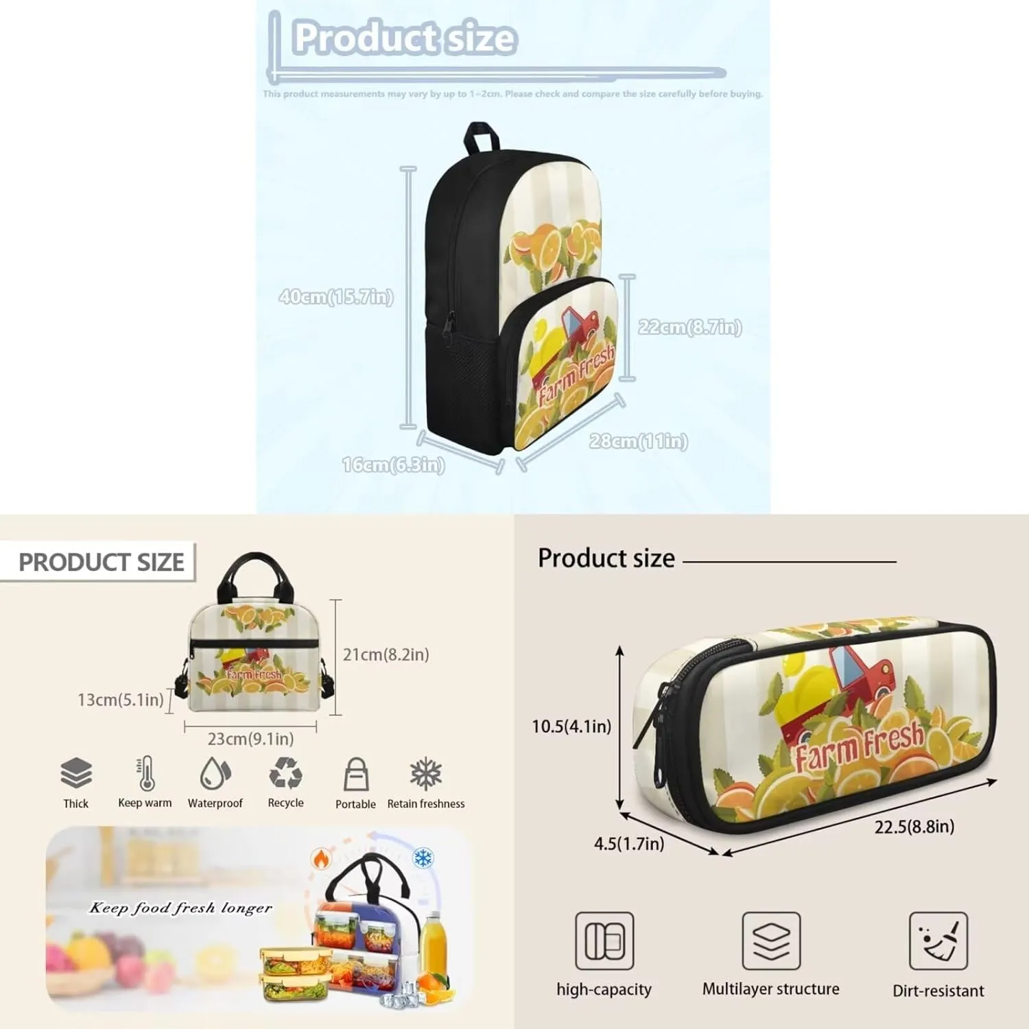3Pcs Cartoon Car Fresh Fruit Backpack for Boys Girls with Recycle Portable Lunch Box and Pencil Case, Bookbag for Elementary 3 in 1 Teens Sports School Bag