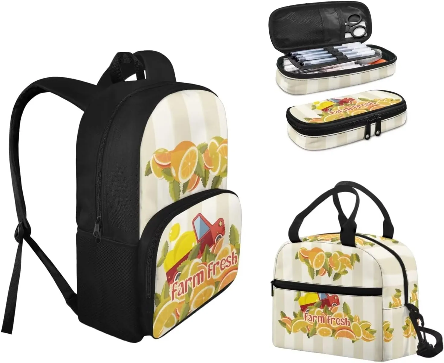 3Pcs Cartoon Car Fresh Fruit Backpack for Boys Girls with Recycle Portable Lunch Box and Pencil Case, Bookbag for Elementary 3 in 1 Teens Sports School Bag