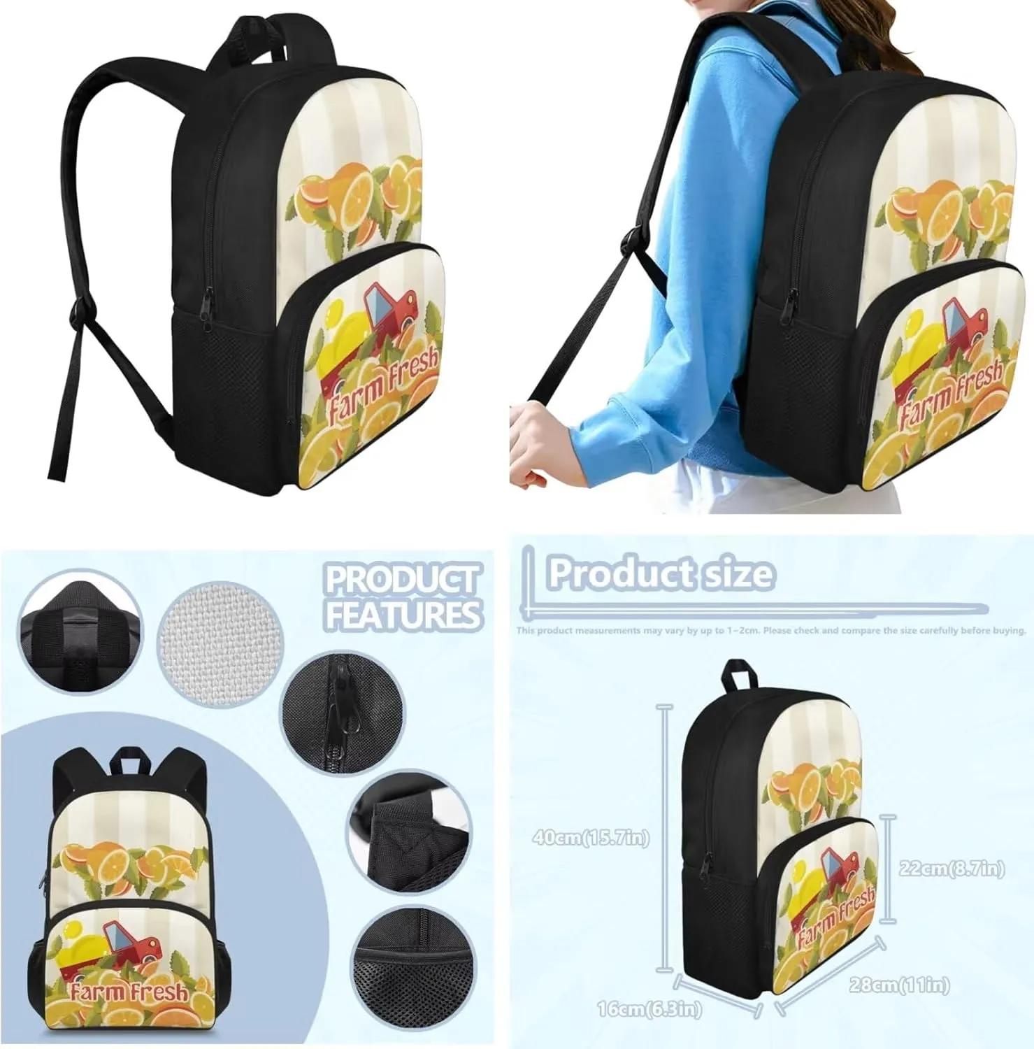 3Pcs Cartoon Car Fresh Fruit Backpack for Boys Girls with Recycle Portable Lunch Box and Pencil Case, Bookbag for Elementary 3 in 1 Teens Sports School Bag
