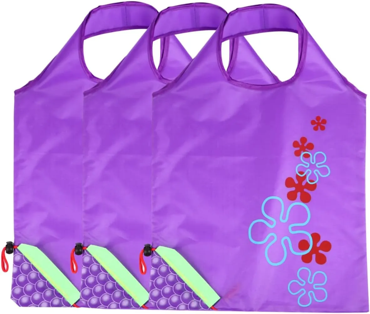3Pcs Foldable Portable Grocery Tote Bags Washable Shopping Pouches with Design for Storage and Easy Carrying