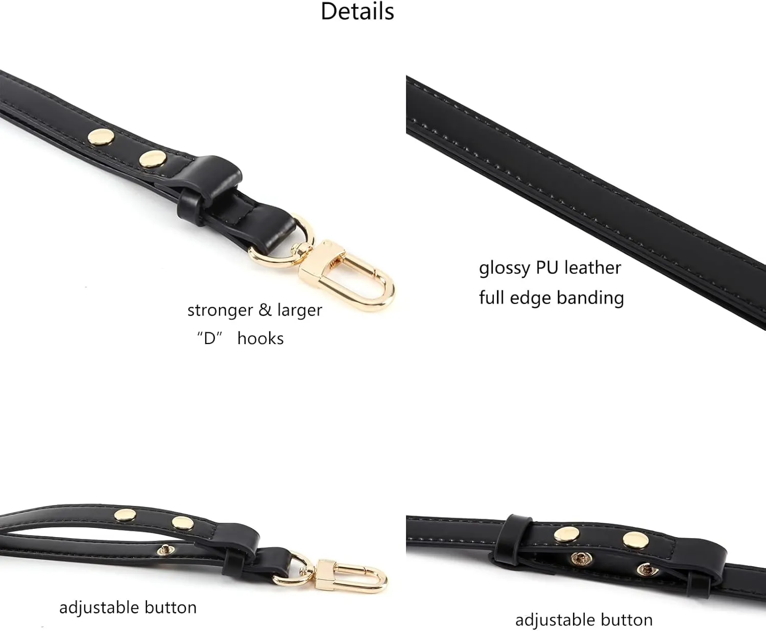 Adjustable PU Leather Purse Handle Shoulder Crossbody Strap for Handbag Bucket Bag (Black - Gold)