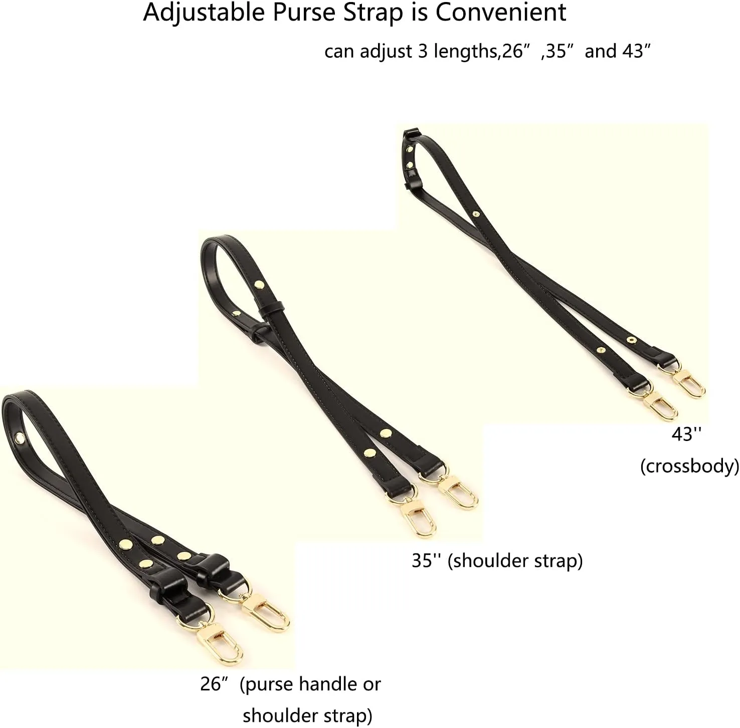 Adjustable PU Leather Purse Handle Shoulder Crossbody Strap for Handbag Bucket Bag (Black - Gold)