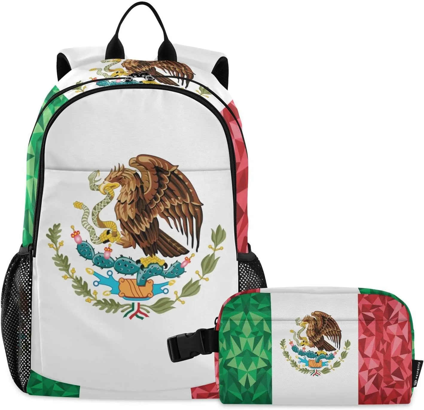 Aflyko Patriot Kid Backpack with Lunch Box Set for Boys Girls Mexican Flag Gorgeous Back to School Bookbag Primary Daycare Daypack Laptop Pack Hiking Camping Travel