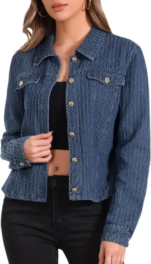 Allegra K Women's Denim Jacket Button Down Collared Long Sleeve Texture Casual Washed Jean Jackets