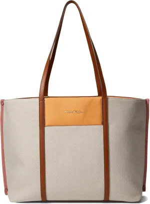 Anne Klein Womens Large Color Blocked Canvas Tote, Tan- Cream/Papaya/Posie Pink/Saddle