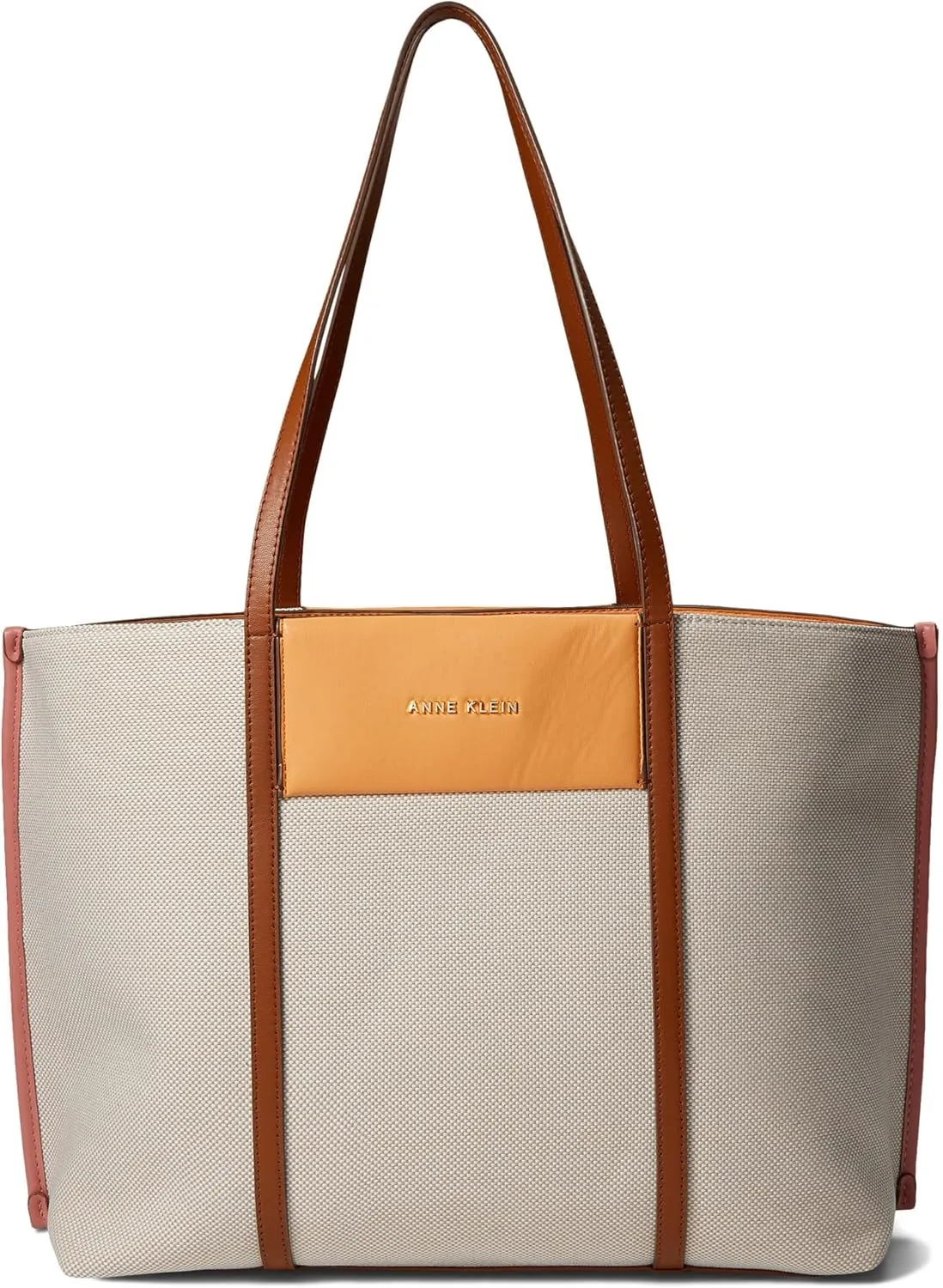 Anne Klein Womens Large Color Blocked Canvas Tote, Tan- Cream/Papaya/Posie Pink/Saddle
