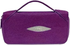 Authentic Exotic Real Stingray Skin Women Purple Purse Genuine Leather Zipper Closure Lady Clutch Bag Female Large Card Holders (PURPLE), LKC-090