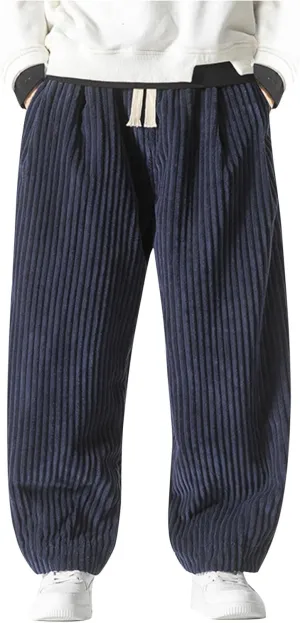 Aymnlox Men's Casual Pants Corduroy Straight Fit Baggy Pants Drawstring Stretch Waist Jogger Hiking Trousers with Pockets