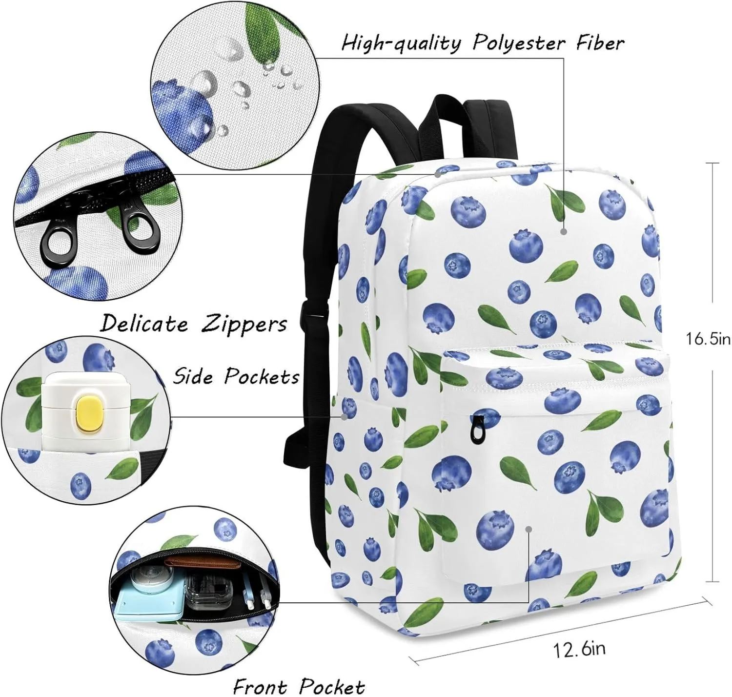 Backpack Fresh Blueberries Floral Large Canvas Durable Travel Shoulder Daypack for Unisex School Bookbag Beach Work Hiking Fit 16.5 Inch Notebook