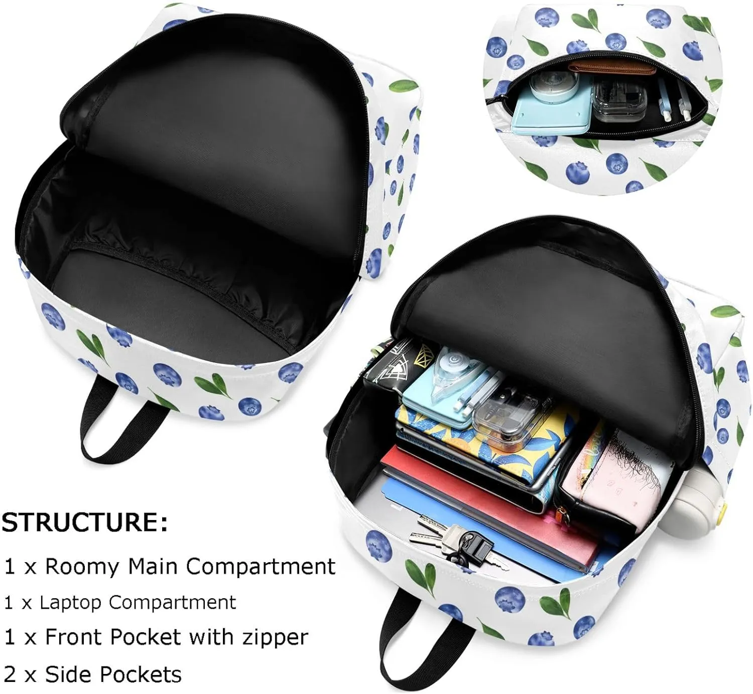 Backpack Fresh Blueberries Floral Large Canvas Durable Travel Shoulder Daypack for Unisex School Bookbag Beach Work Hiking Fit 16.5 Inch Notebook