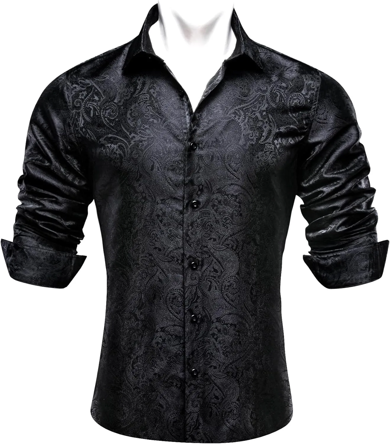 Barry.Wang Men's Dress Shirt Paisley Silk Long Sleeve Button Down Shirts Formal Wedding Regular Fit Tops Disco Party