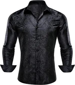 Barry.Wang Men's Dress Shirt Paisley Silk Long Sleeve Button Down Shirts Formal Wedding Regular Fit Tops Disco Party