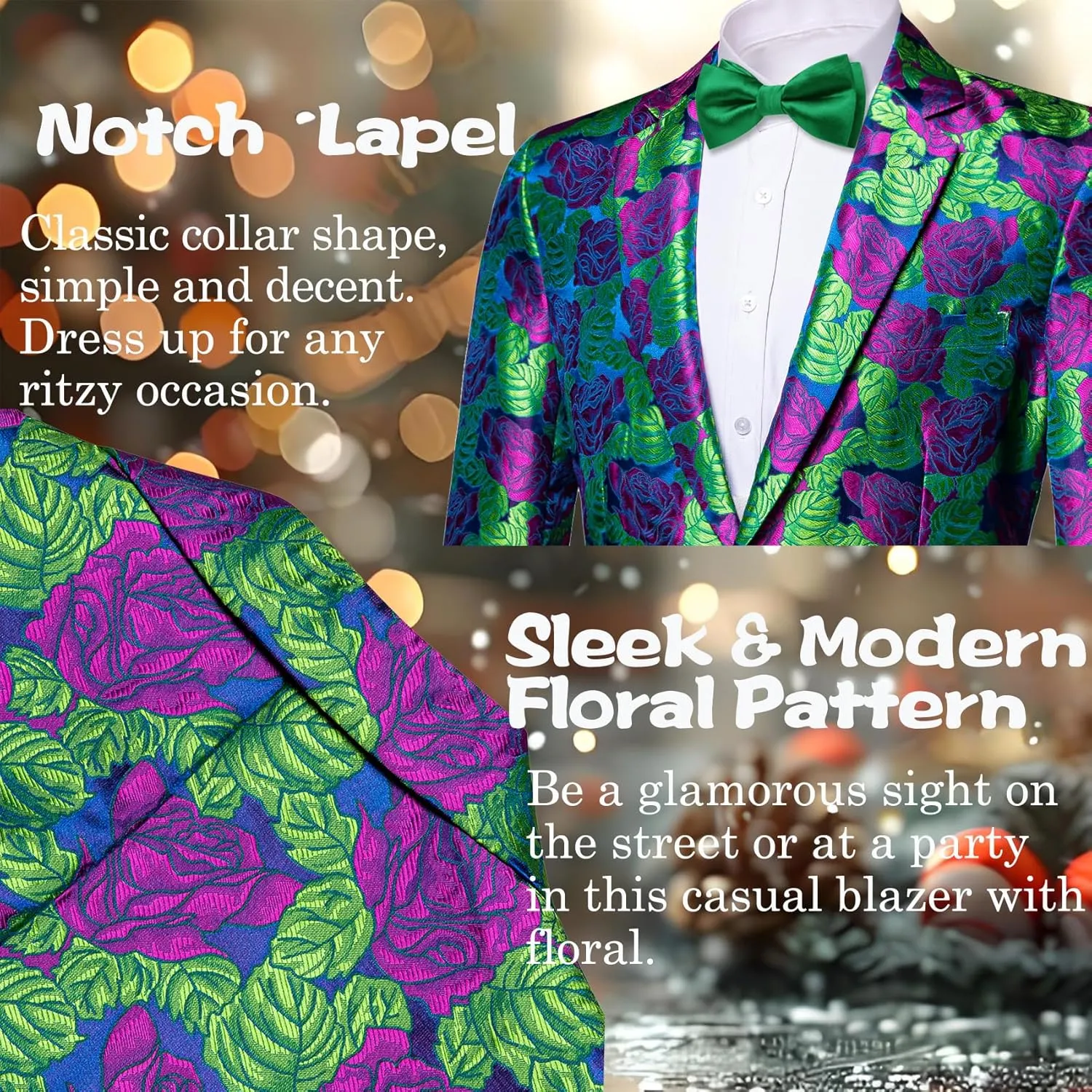 Barry.Wang Mens Floral Blazer Notched Lapel Suit Jacket Flowers Tuxedo Party Christmas Holiday Cruise Coat