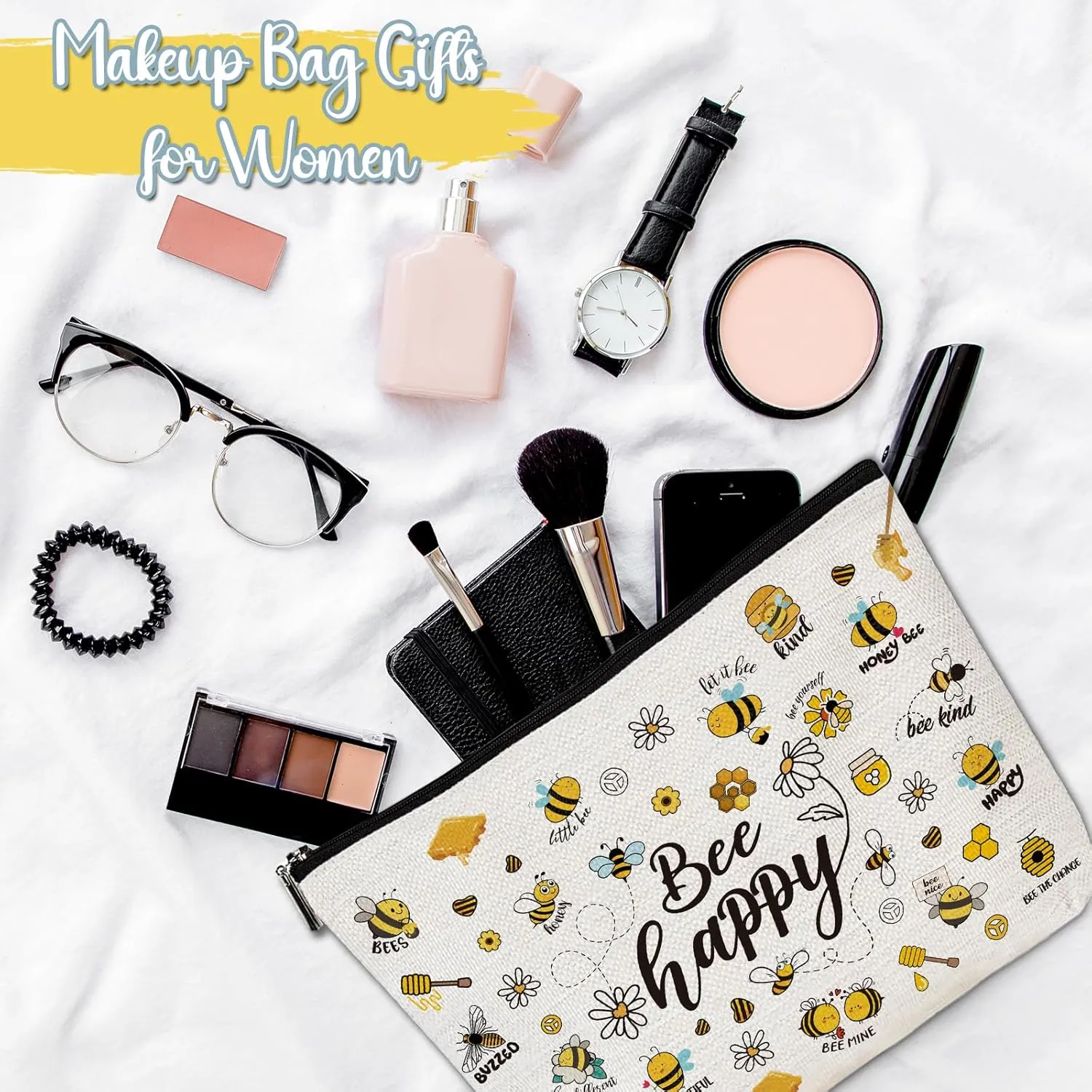 Bee Gifts for Women Girls - Bee Themed Gift for Bee Lovers, Bee Happy Makeup Cosmetic Bags Travel Toiletry Pouch with Zipper, Beekeeper Birthday Christmas Gift