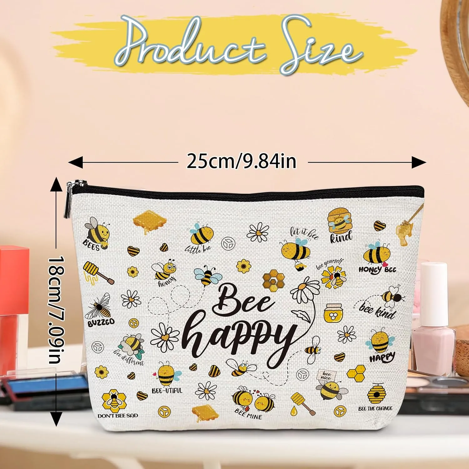 Bee Gifts for Women Girls - Bee Themed Gift for Bee Lovers, Bee Happy Makeup Cosmetic Bags Travel Toiletry Pouch with Zipper, Beekeeper Birthday Christmas Gift
