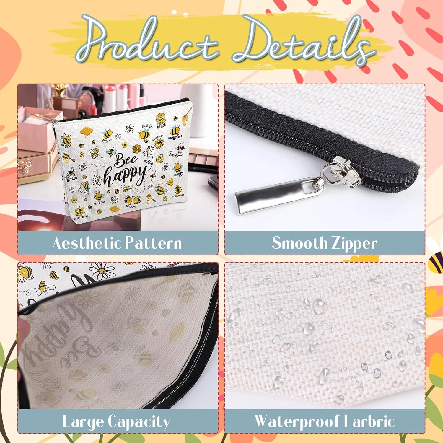 Bee Gifts for Women Girls - Bee Themed Gift for Bee Lovers, Bee Happy Makeup Cosmetic Bags Travel Toiletry Pouch with Zipper, Beekeeper Birthday Christmas Gift
