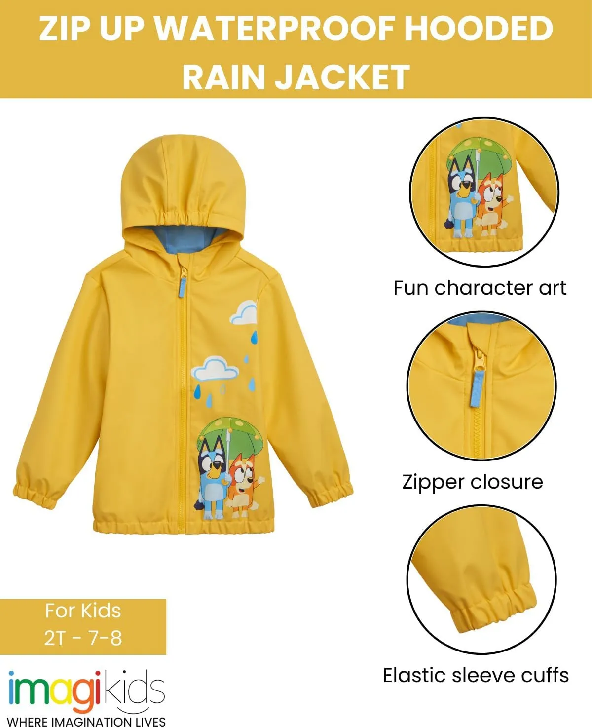 Bluey Yellow Zip Up Waterproof Rain Jacket Toddler to Little Kid Sizes (2T - 7-8)