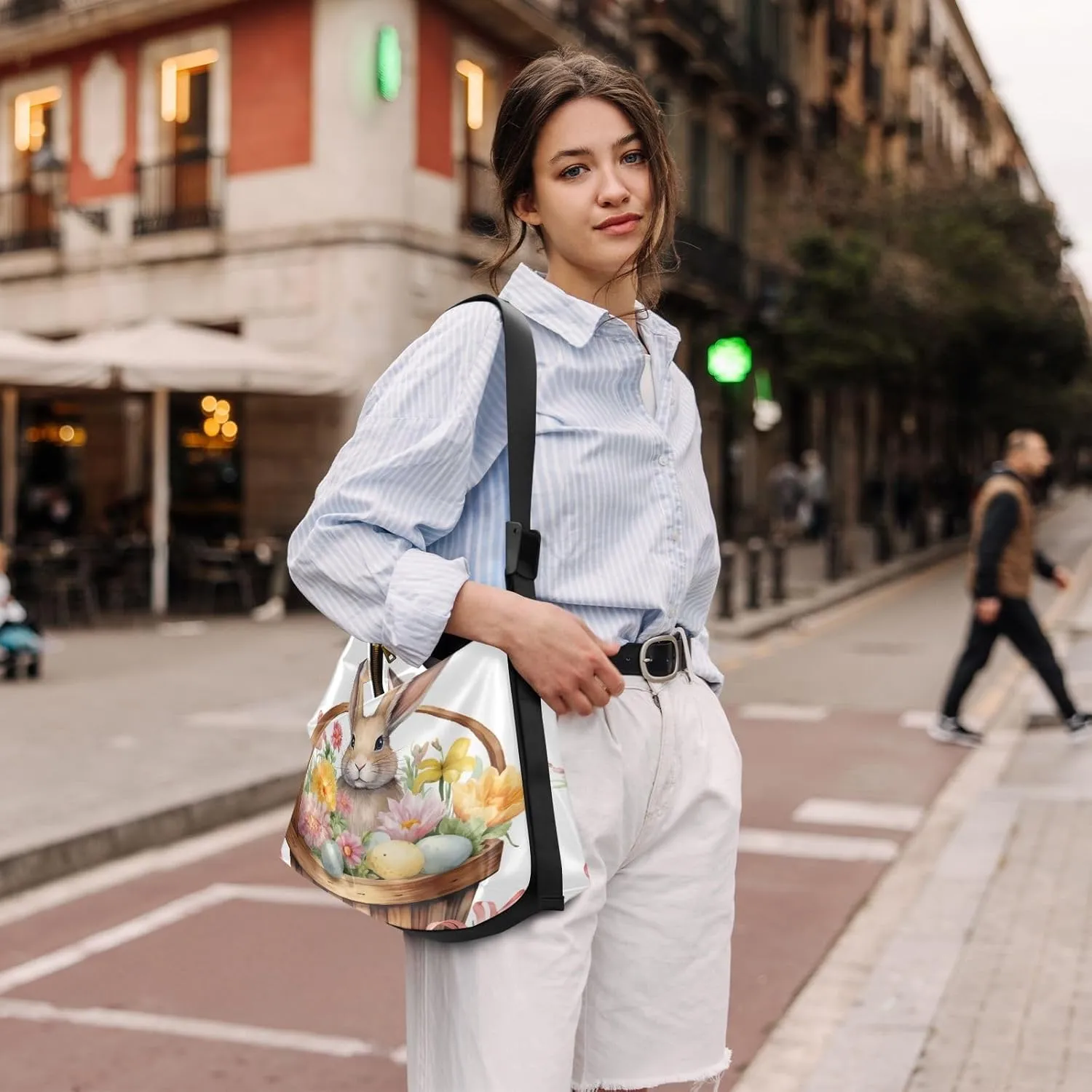 Bunny Rabbit in Basket with Flowers Shoulder Bag, Man Leather Bag, Trendy Shoulder Bag