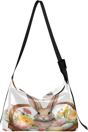 Bunny Rabbit in Basket with Flowers Shoulder Bag, Man Leather Bag, Trendy Shoulder Bag