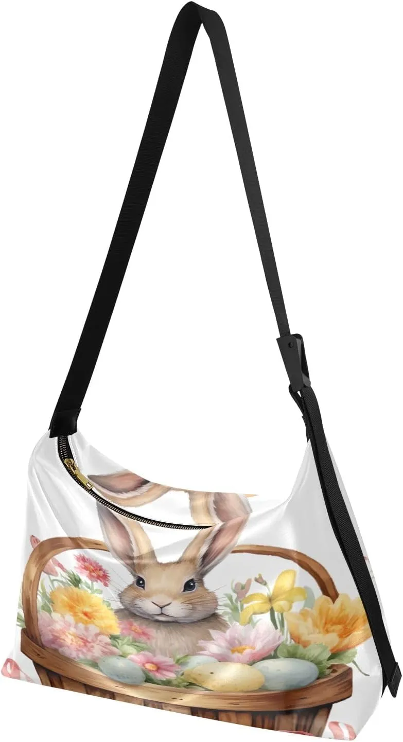 Bunny Rabbit in Basket with Flowers Shoulder Bag, Man Leather Bag, Trendy Shoulder Bag