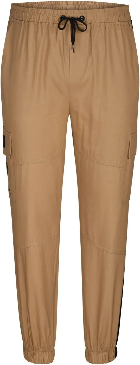 Cargo Work Pants for Men Drawstring Elastic Waist Cotton Linen Sweatpants Casual Skinny-Fit Solid Loose Trousers