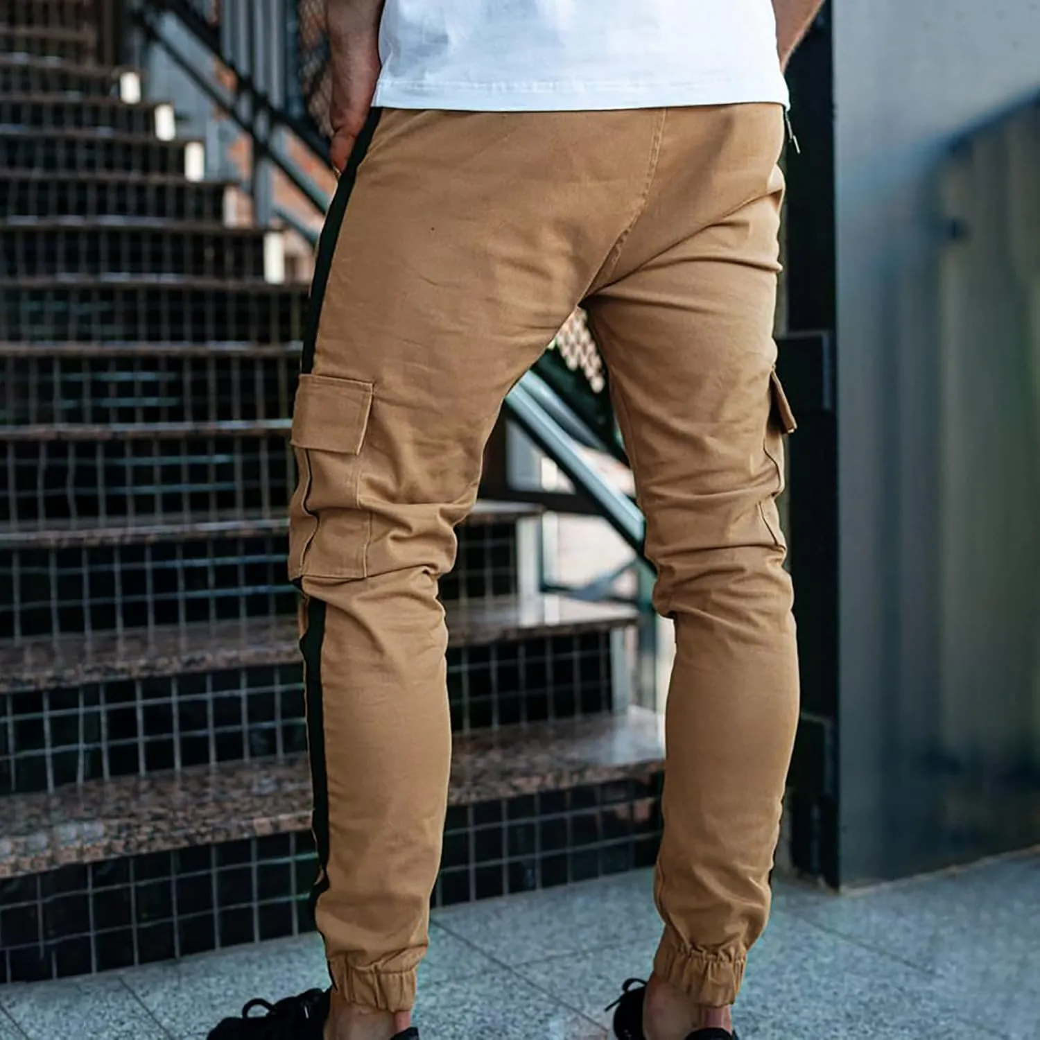 Cargo Work Pants for Men Drawstring Elastic Waist Cotton Linen Sweatpants Casual Skinny-Fit Solid Loose Trousers