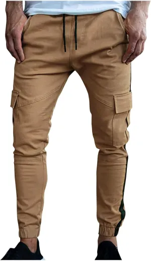 Cargo Work Pants for Men Drawstring Elastic Waist Cotton Linen Sweatpants Casual Skinny-Fit Solid Loose Trousers