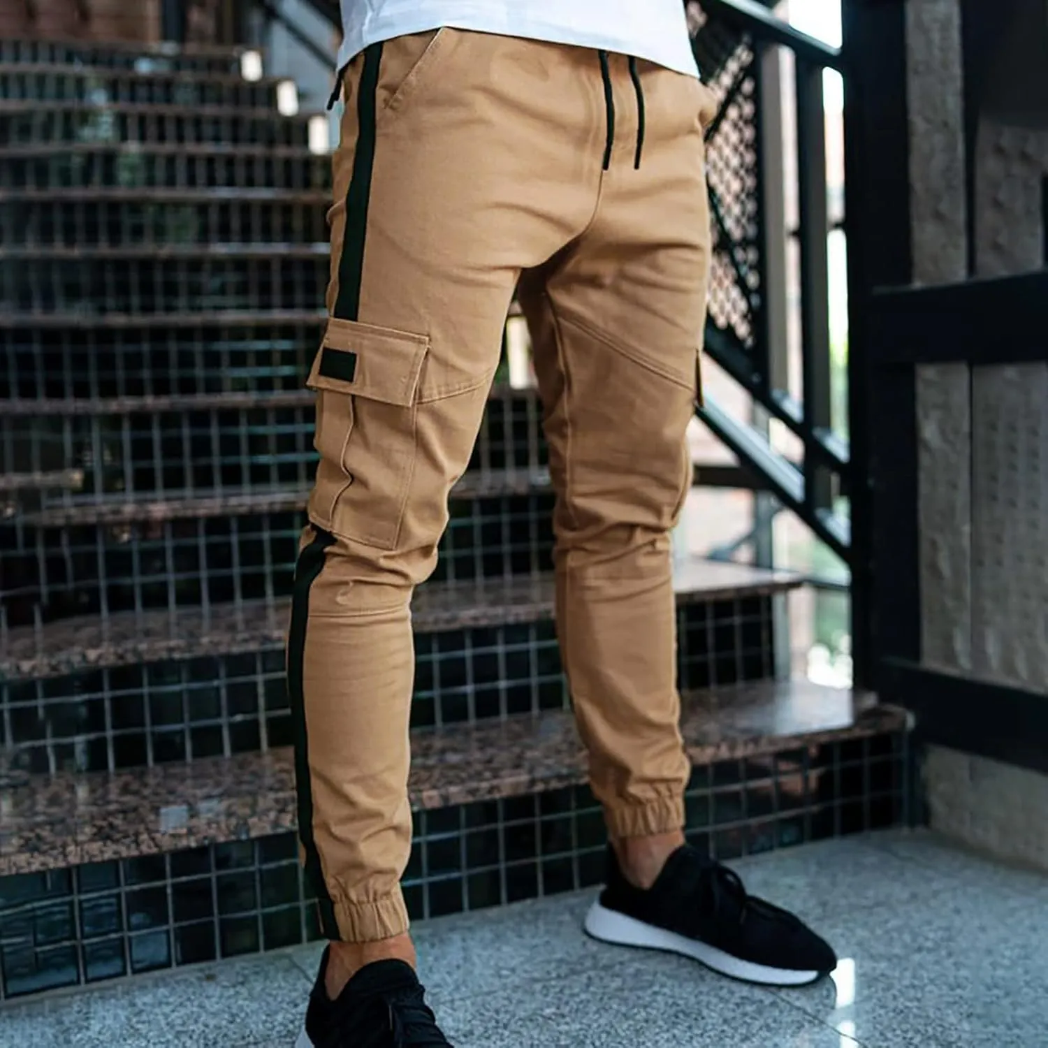 Cargo Work Pants for Men Drawstring Elastic Waist Cotton Linen Sweatpants Casual Skinny-Fit Solid Loose Trousers