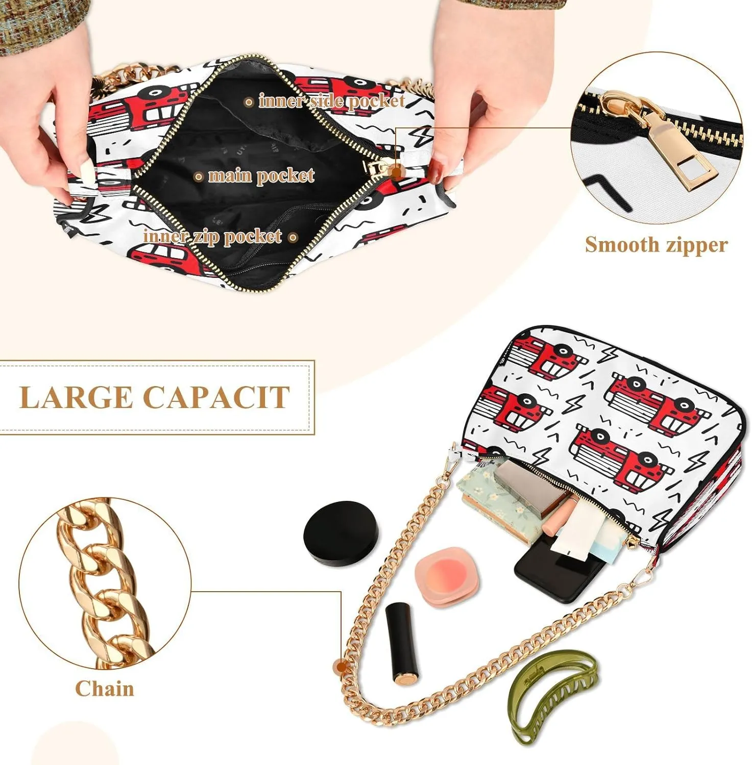 Cartoon Fire Trucks Mini Clutch Purses for Women, Trendy Handbags