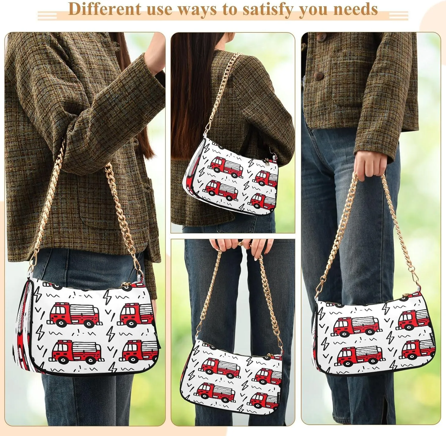 Cartoon Fire Trucks Mini Clutch Purses for Women, Trendy Handbags