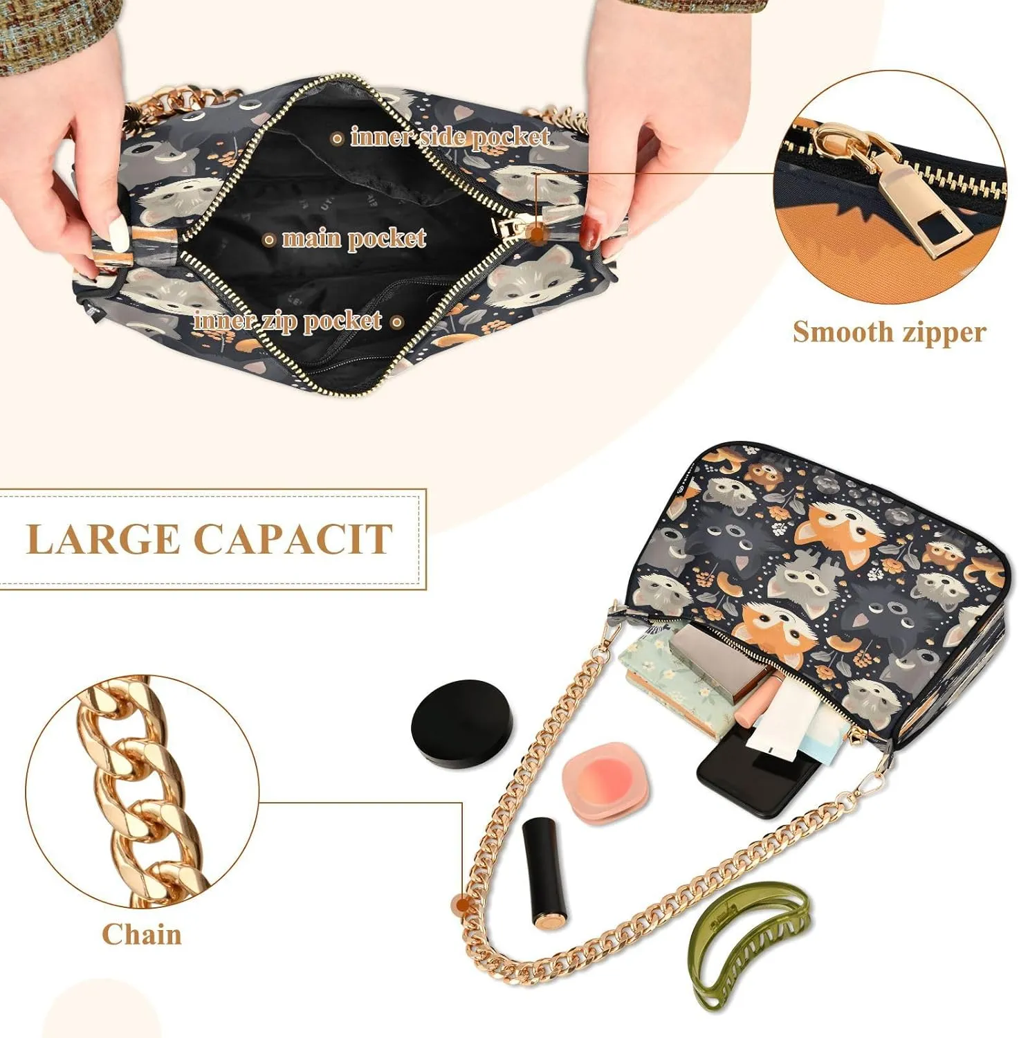 Cartoon Orange Fox Women's Shoulder Bag, Trendy Handbags