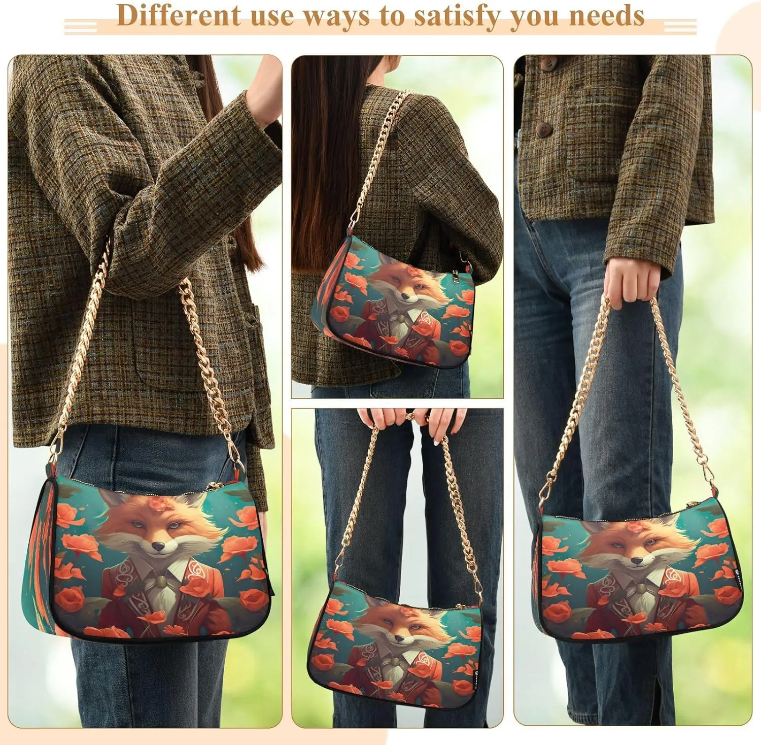 Cartoon Orange Fox Women's Shoulder Bag, Trendy Handbags