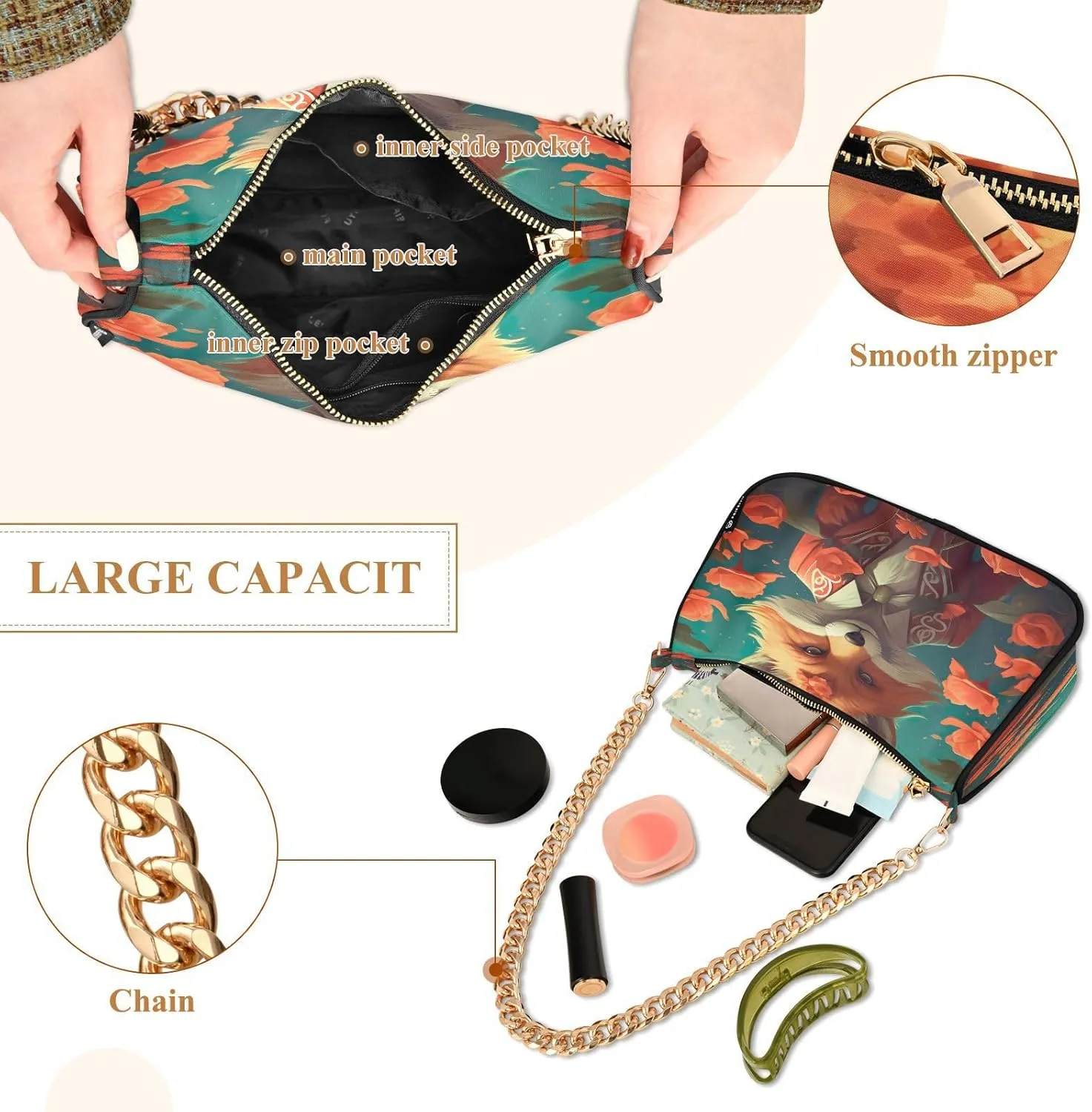 Cartoon Orange Fox Women's Shoulder Bag, Trendy Handbags
