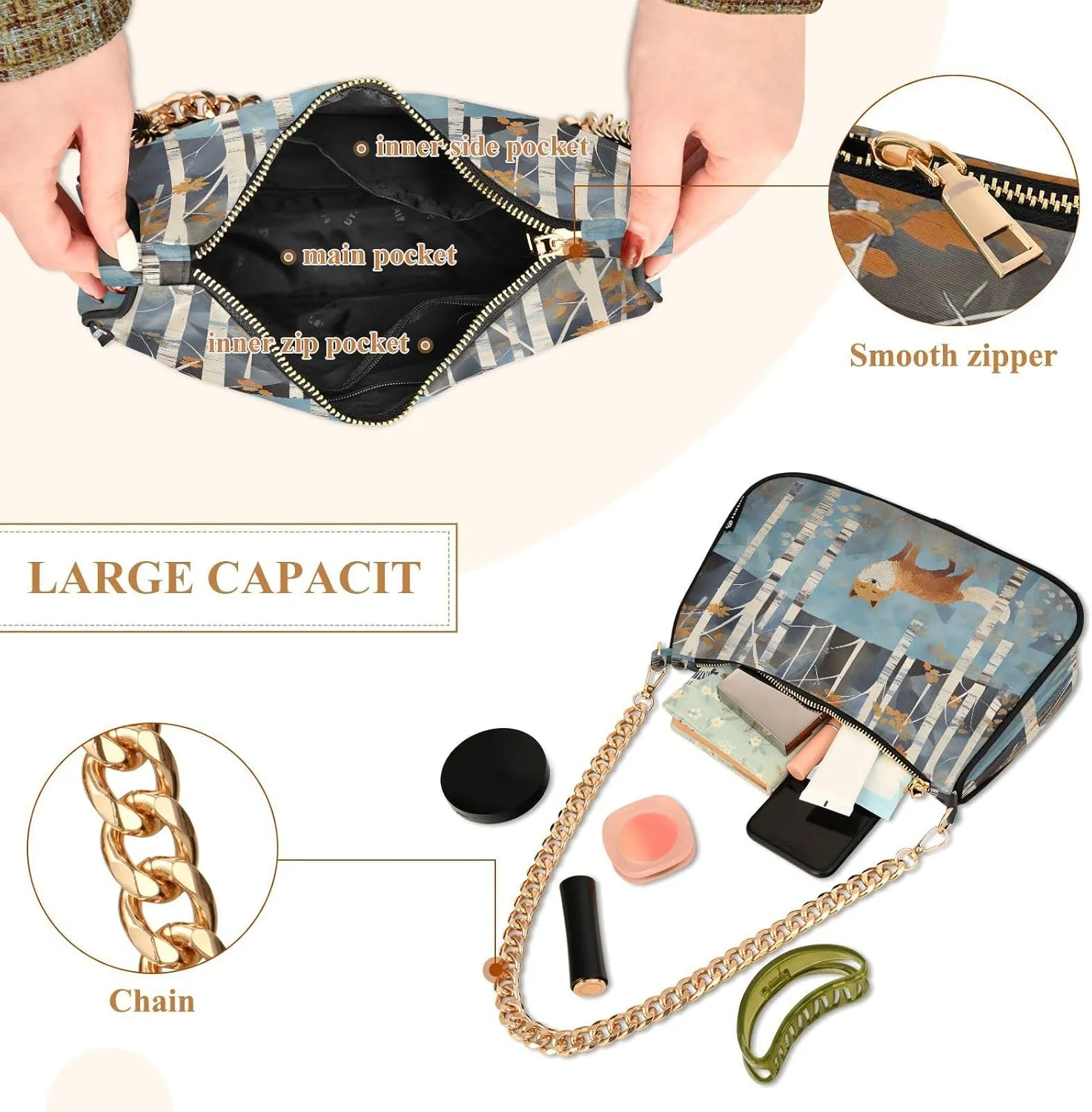 Cartoon Orange Fox Women's Shoulder Bag, Trendy Handbags