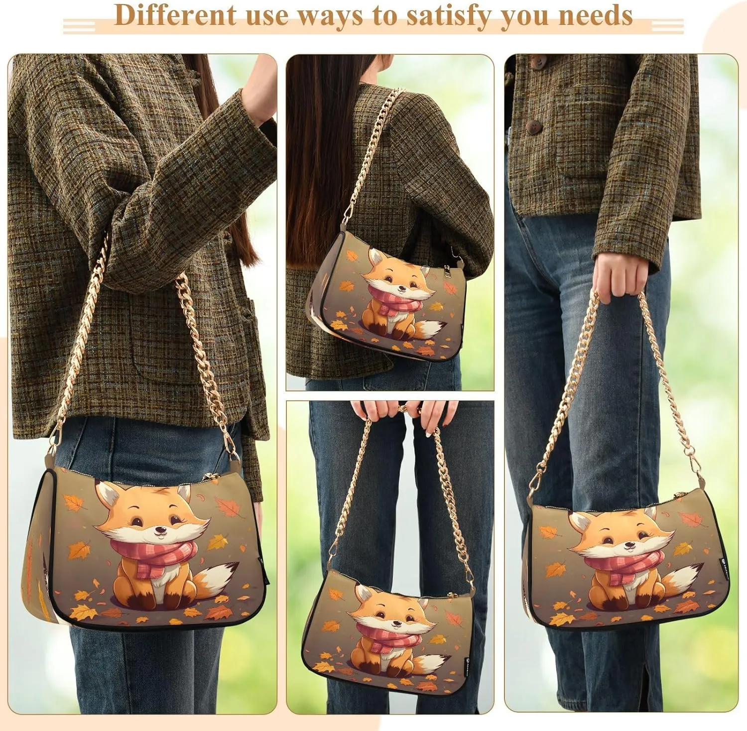 Cartoon Orange Fox Women's Shoulder Bag, Trendy Handbags