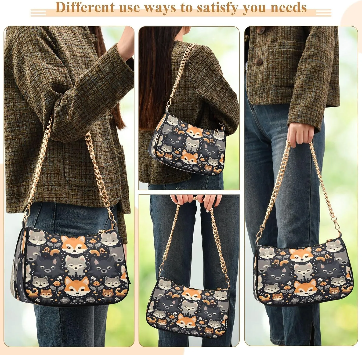Cartoon Orange Fox Women's Shoulder Bag, Trendy Handbags