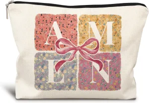 Christian Coquette Bow Floral Makeup Bag, Amen Preppy Aesthetic Cosmetic Bags for Women, Christian Gifts for Women, Bible Verse Gifts, Floral Zipper Makeup Pouch