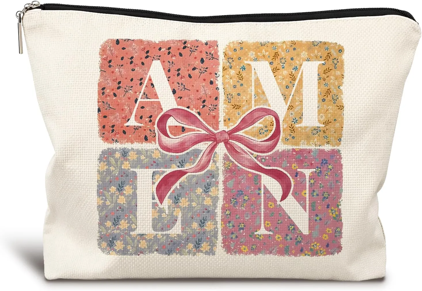 Christian Coquette Bow Floral Makeup Bag, Amen Preppy Aesthetic Cosmetic Bags for Women, Christian Gifts for Women, Bible Verse Gifts, Floral Zipper Makeup Pouch