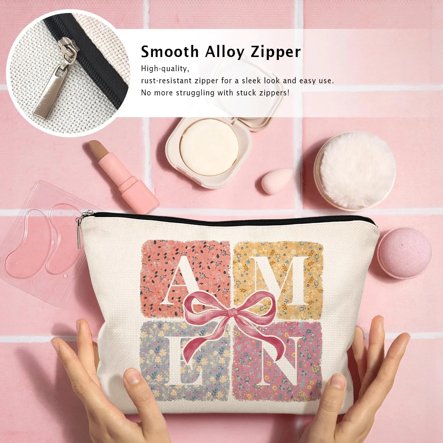 Christian Coquette Bow Floral Makeup Bag, Amen Preppy Aesthetic Cosmetic Bags for Women, Christian Gifts for Women, Bible Verse Gifts, Floral Zipper Makeup Pouch