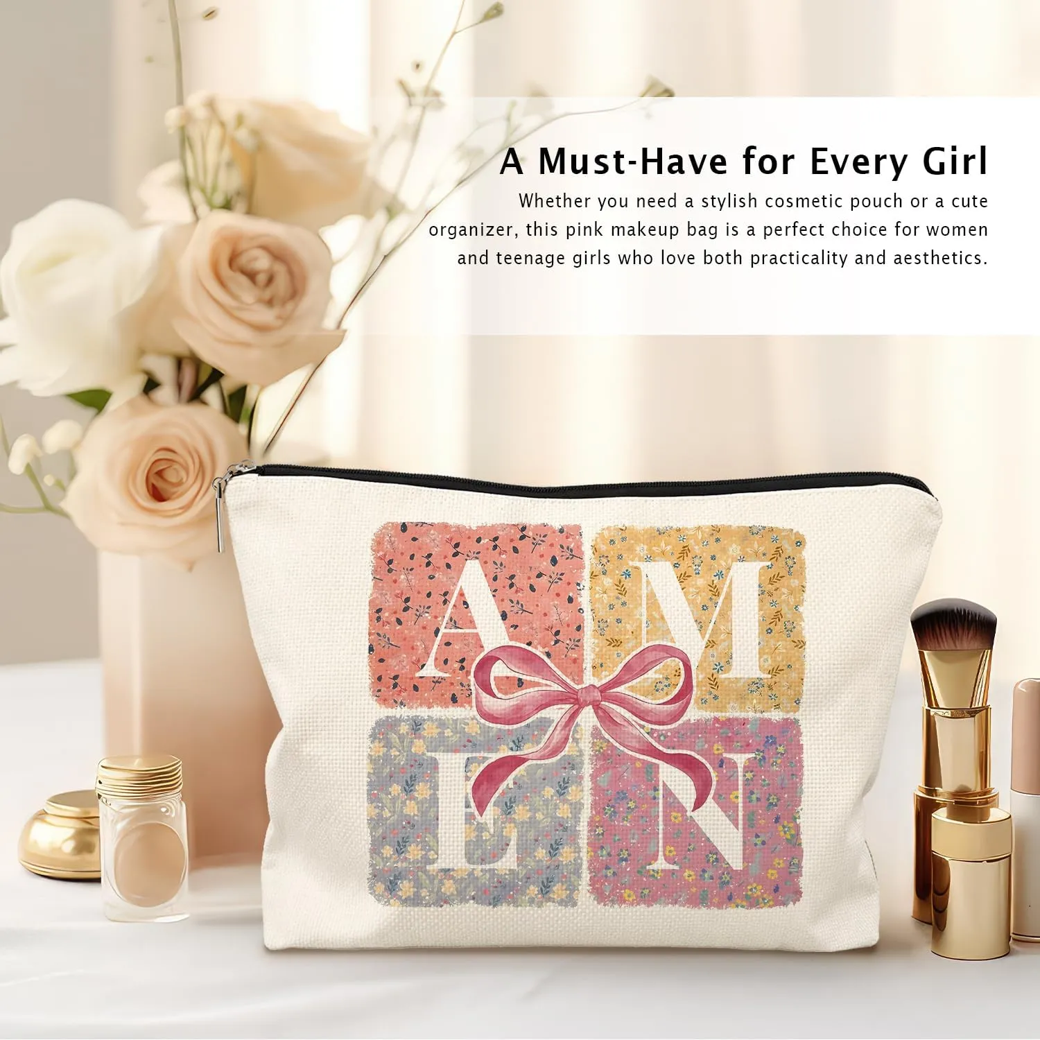 Christian Coquette Bow Floral Makeup Bag, Amen Preppy Aesthetic Cosmetic Bags for Women, Christian Gifts for Women, Bible Verse Gifts, Floral Zipper Makeup Pouch