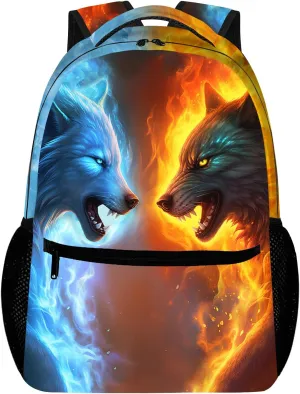 Cool Wolf Backpack for Kids Boys Girls, Fire and Ice Wolf Bookbag, Lightweight Wolf Backpack for School & Travel, Laptop Backpack Bookbag Kids School Bags Backpacks, 16 Inch