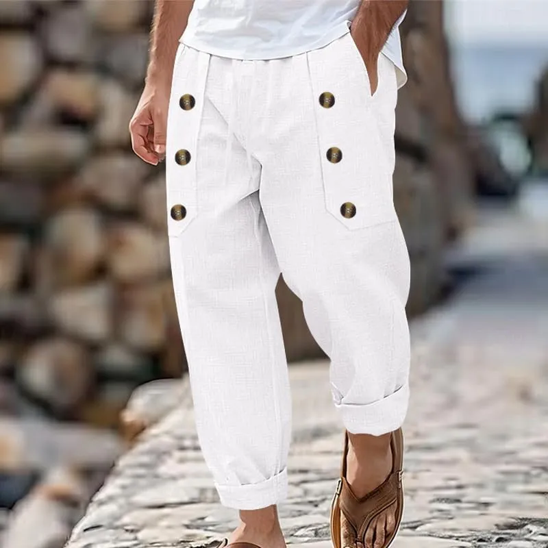 Cotton Linen Pants for Men Button Straight Wide Leg Casual Loose Fit Lightweight Solid Pants Outdoor Beach Trousers