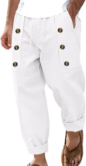 Cotton Linen Pants for Men Button Straight Wide Leg Casual Loose Fit Lightweight Solid Pants Outdoor Beach Trousers