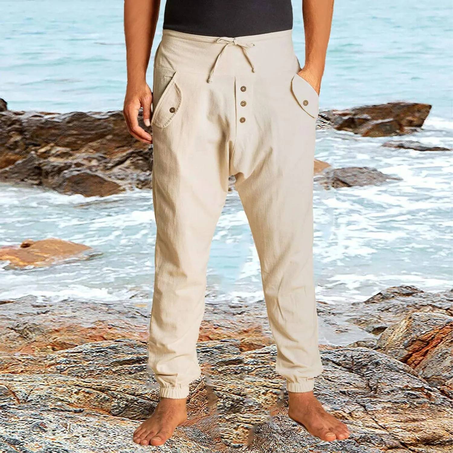 Cotton Linen Pants for Men High Rise Stretch Pants Loose Fit Simple Trousers Casual Trousers with Button Decoration