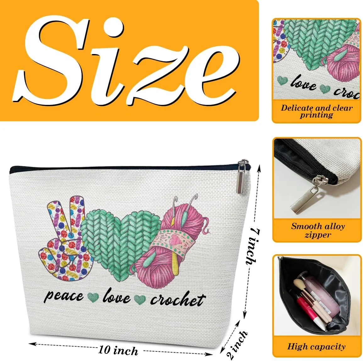 Crochet Gifts Makeup Bag, Knitting Gifts for Women, Knitters Lovers, Peace Love Crochet Cosmetic Bag for Purse