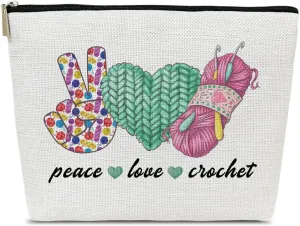 Crochet Gifts Makeup Bag, Knitting Gifts for Women, Knitters Lovers, Peace Love Crochet Cosmetic Bag for Purse