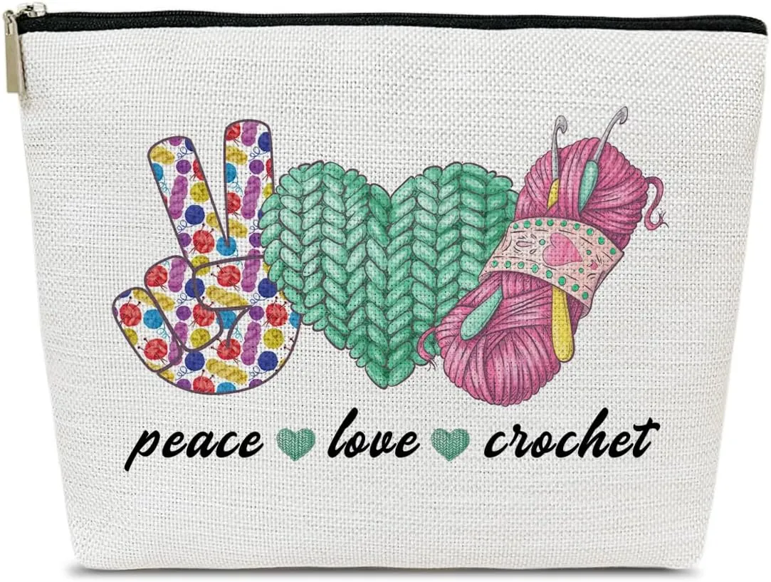 Crochet Gifts Makeup Bag, Knitting Gifts for Women, Knitters Lovers, Peace Love Crochet Cosmetic Bag for Purse