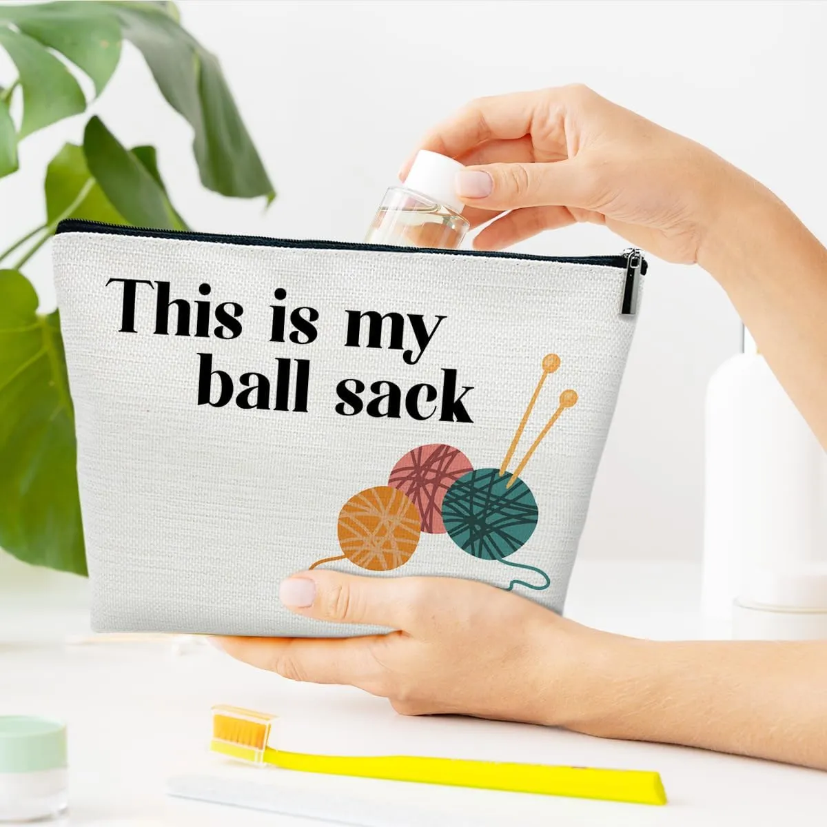 Crochet Makeup Bag for Women, Knitting Gifts for Crochet Lovers Knitters, This is My Ball Sack Cosmetic Bag for Purse, Handmade Gifts